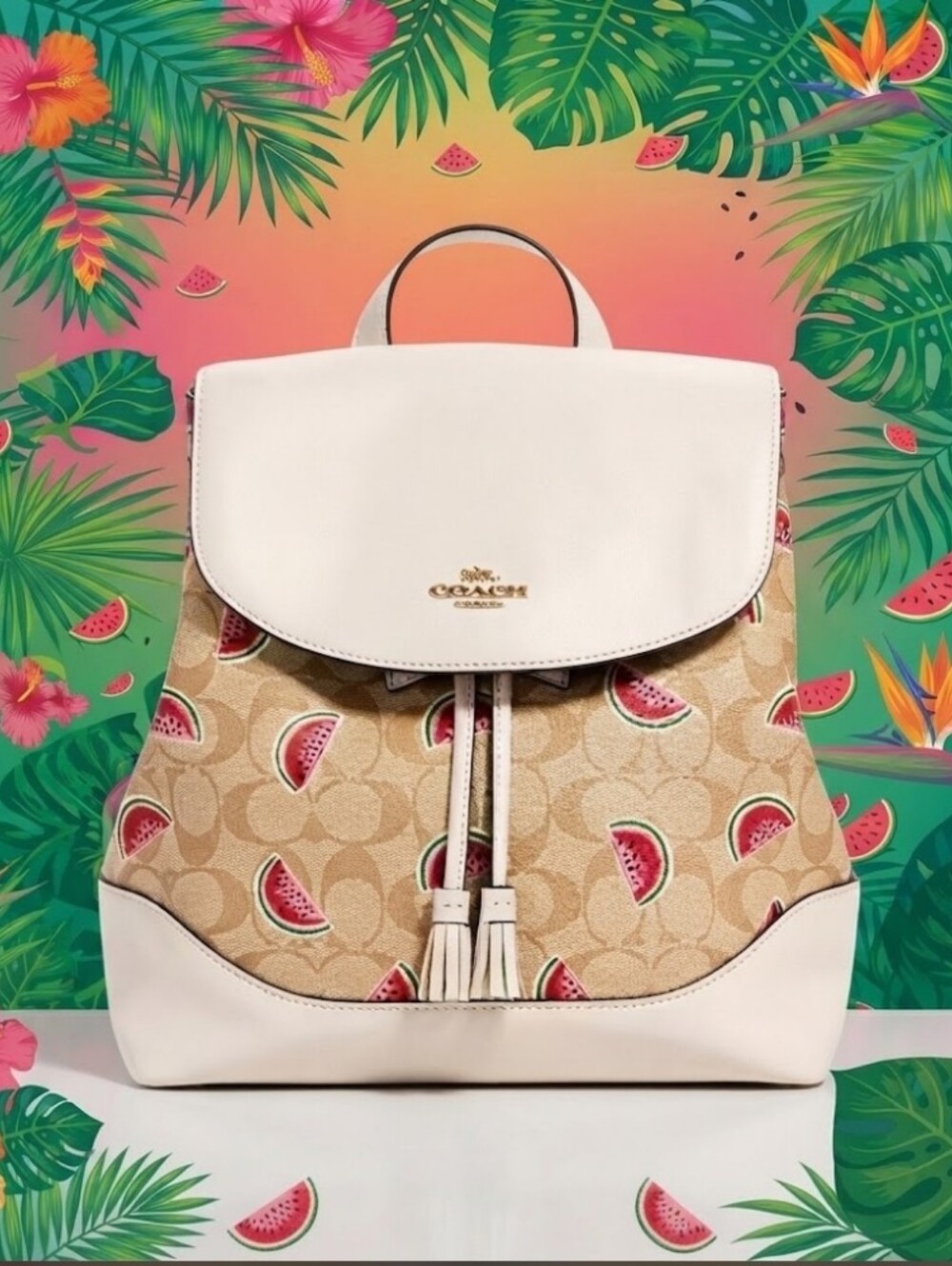 Coach Cream & Signature Tan Watermelon Print Leather Backpack. New & Authentic